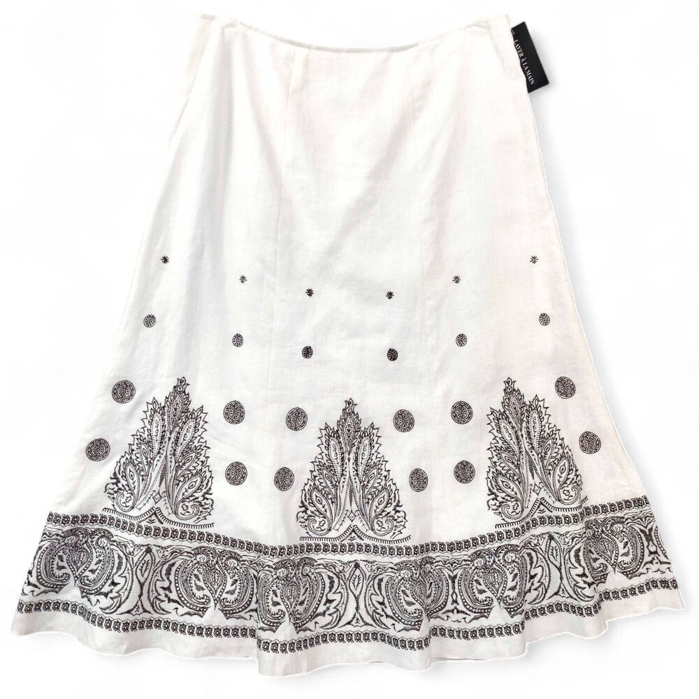 Nygard Collection Linen Skirt Size 14 White Black Embroidered Boho Midi Paisley